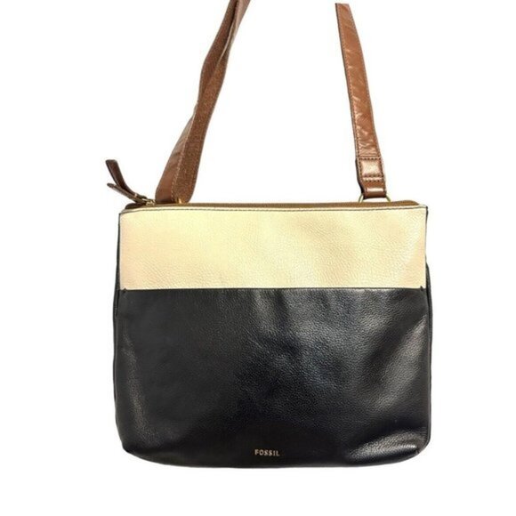 Fossil Colorblock Crossbody Bag Black Cream Leather Messenger Adjustable Strap - Picture 1 of 11
